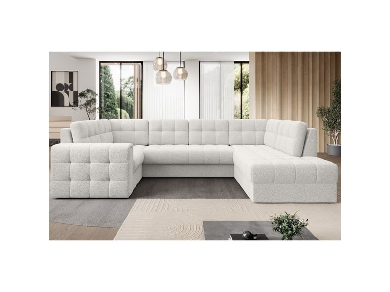  Canapé d'angle convertible monteza blanc bouclette 299 cm avec coffre et couchage  - Conforama E
