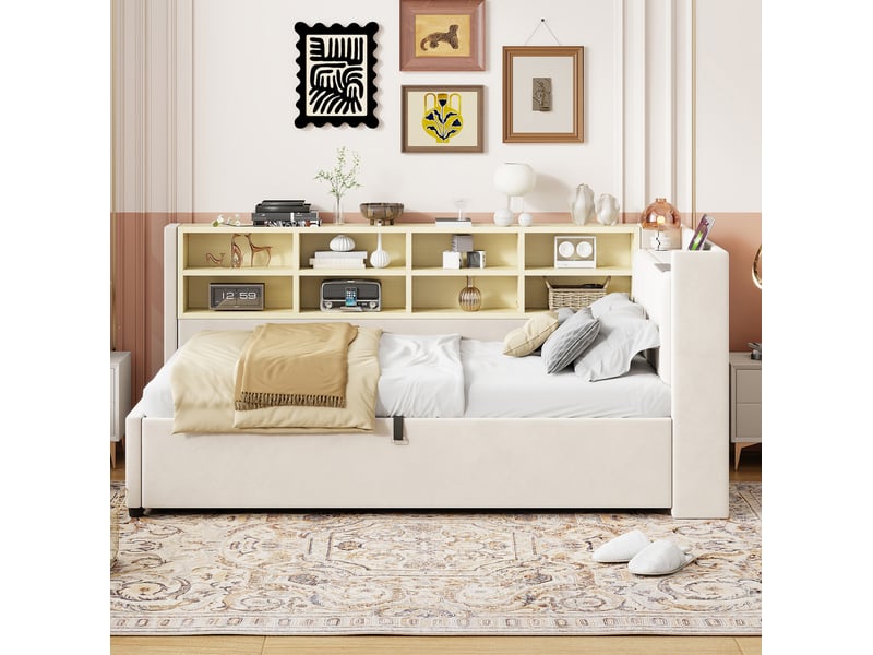  Lit coffre 90 x 200 tête capitonnée éclairage intégré usb-c rangement moderne côtés velours beige sans matelas  - Conforama B