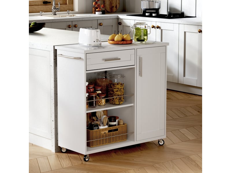  Desserte de cuisine 90x40x90 cm blanche effet marbre avec tiroir et roulettes  - Conforama E