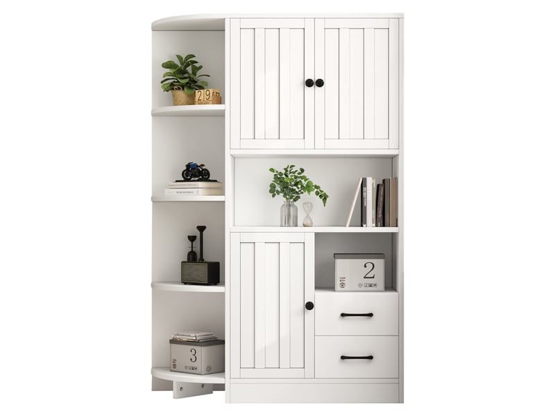 Meuble d'angle blanc en panneaux de particules, rangement 14 compartiments, 3 placards et 2 tiroirs pour salon, 104 x 35 x 155 cm - Conforama A
