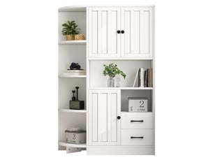 Meuble d'angle blanc en panneaux de particules, rangement 14 compartiments, 3 placards et 2 tiroirs pour salon, 104 x 35 x 155 cm