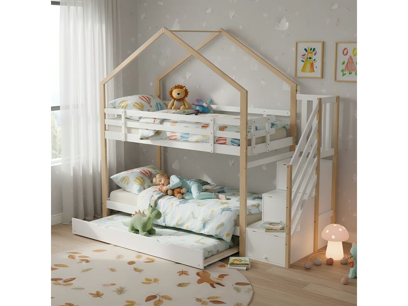 Lit cabane naturel et blanc 90x200 et 90x190 cm, couchage extensible, escalier à tiroirs, sommiers et barrières - Conforama B