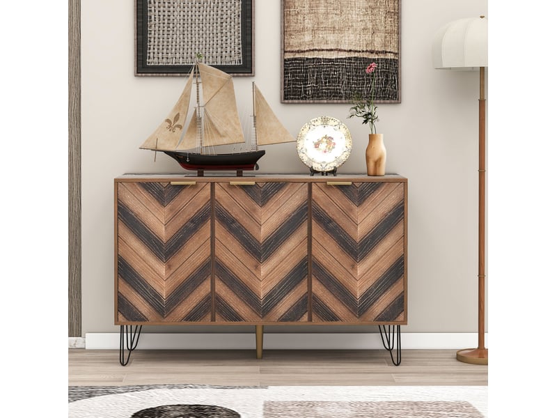 Buffet bas 3 portes en bois naturel et noir, avec rangements et pieds en fer, 120 x 38 x 76,5 cm - Conforama C