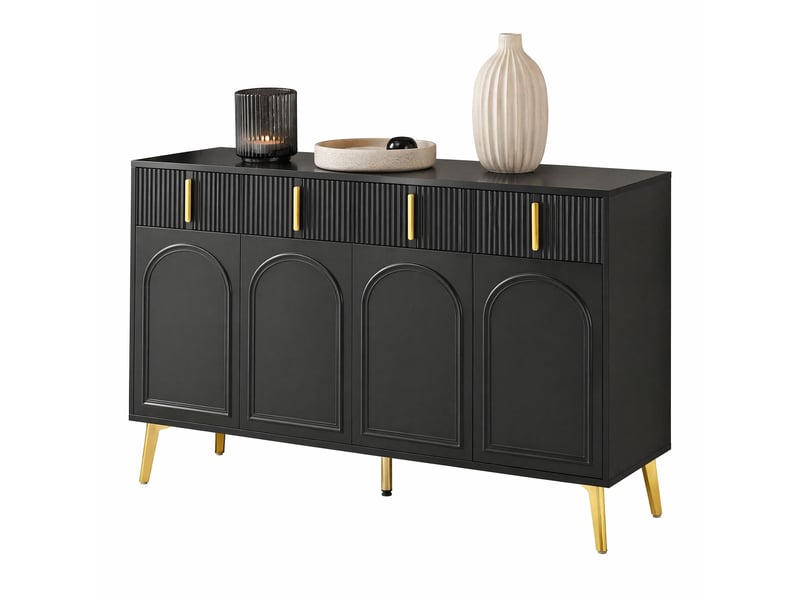  Buffet bas noir avec poignées et pieds dorés, 4 portes et 4 tiroirs, 140 x 38 x 82 cm  - Conforama A