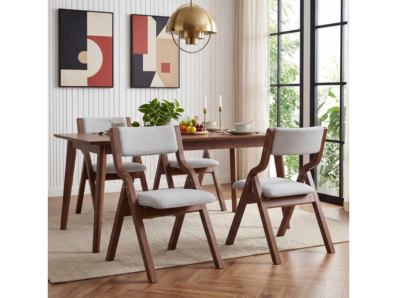  Chaise de salle à manger pliable lot de 6 avec rembourrage, rangement compact en bois et lin gris  - Conforama D