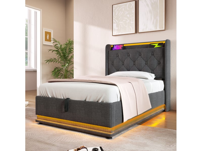  Lit rembourré 90 × 200 cm 1 place avec rangement hydraulique, led 360°, usb et type-c, matelas inclus, gris  - Conforama C