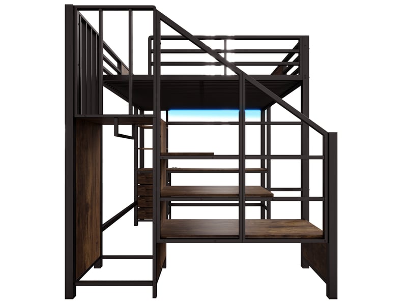 Lit mezzanine métal 140x200 cm, bureau, rangements, penderie, led et prise électrique - Conforama E