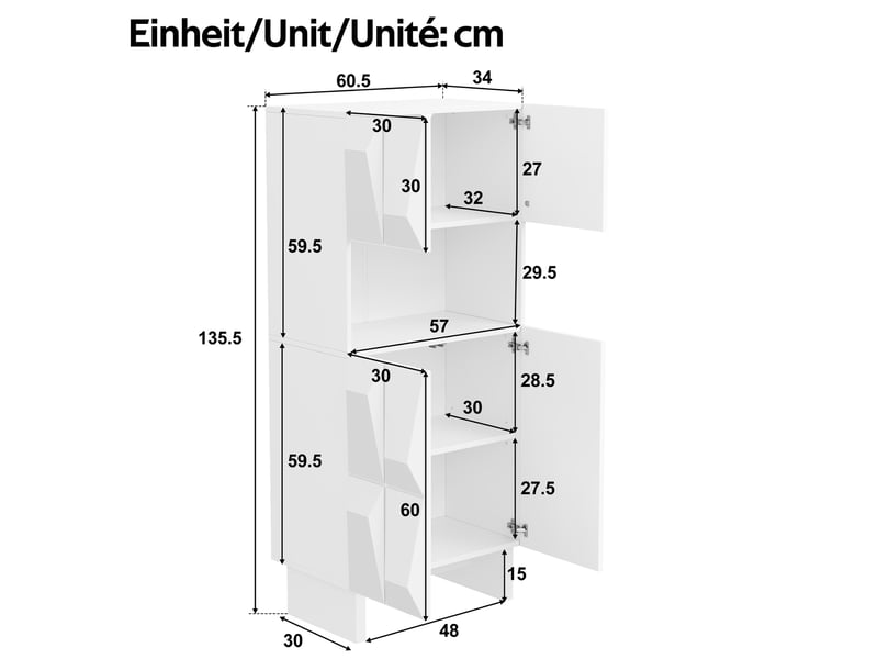  Vitrine haute 60,5 x 34 x 135,5 cm – blanche – 4 portes relief, niche ouverte et étagère réglable  - Conforama C
