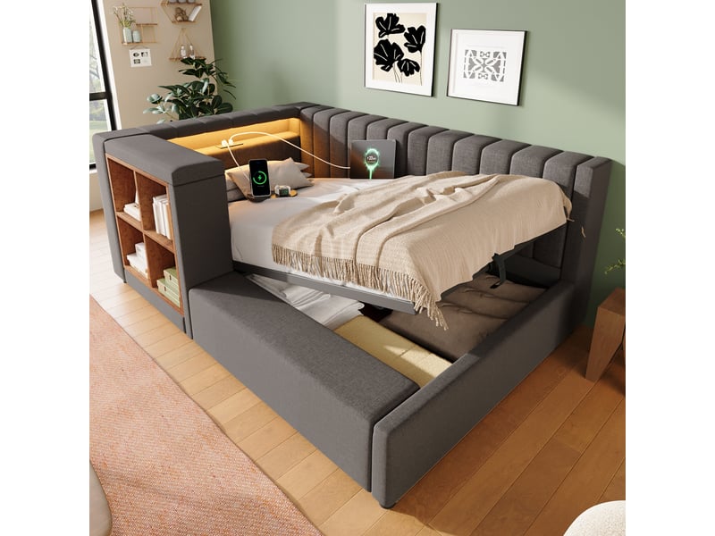  Canapé-lit 90x190cm - avec éclairage led et port de charge usbtype-c - tissu en lin - installation à gauchedroite - gris (matelas non inclus)  - Conforama D