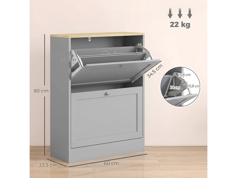  Meuble à chaussures 2 tiroirs rabattables 8-12 paires gris 60 x 23,5 x 80 cm  - Conforama C