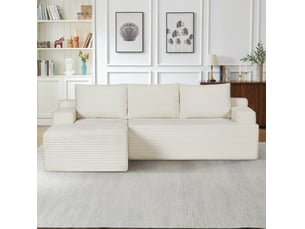 Canapé d'angle compressé en l 238x152x66 cm modulable 3 places, mousse et velours côtelé couleur beige, moderne