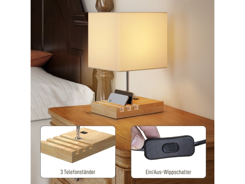  Lampe de chevet,25x20x40,5 cm,meulva,avec ports usb-a et usb-c,bois et tissu,blanc  - Conforama E