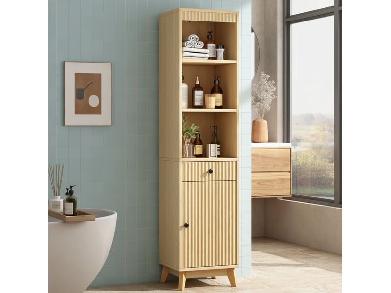  Colonne de salle de bain 40 x 36 x 172 cm avec porte réversible et fermeture douce, mdf, 1 tiroir, effet bois naturel  - Conforama B