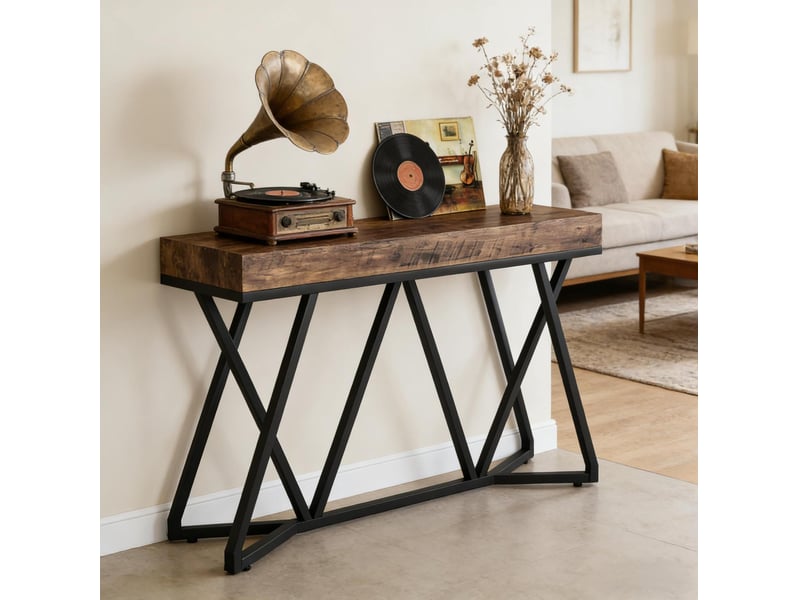 Table console avec plateau 140 cm structure métallique style industriel pour entrée salon en mdf et métal noir rustique - Conforama E