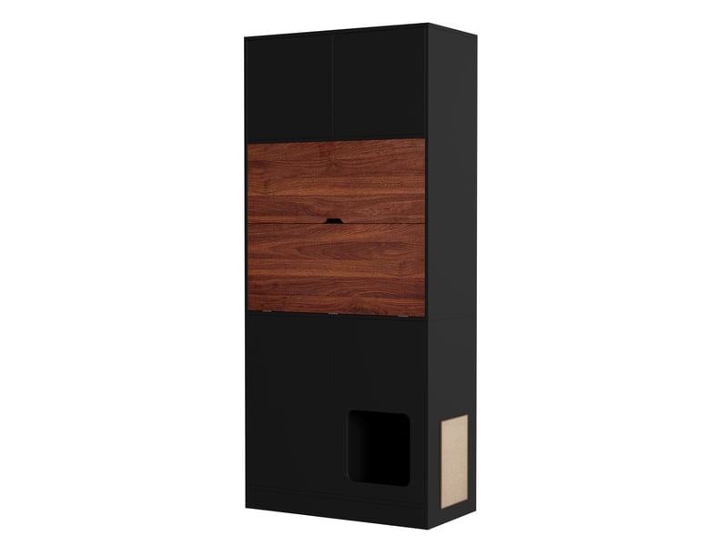  Secrétaire 80x40x180cm avec bureau rabattable, rangements pour dossiers, éclairage LED, niche pour animal et griffoir, finition noir antique  - Conforama A
