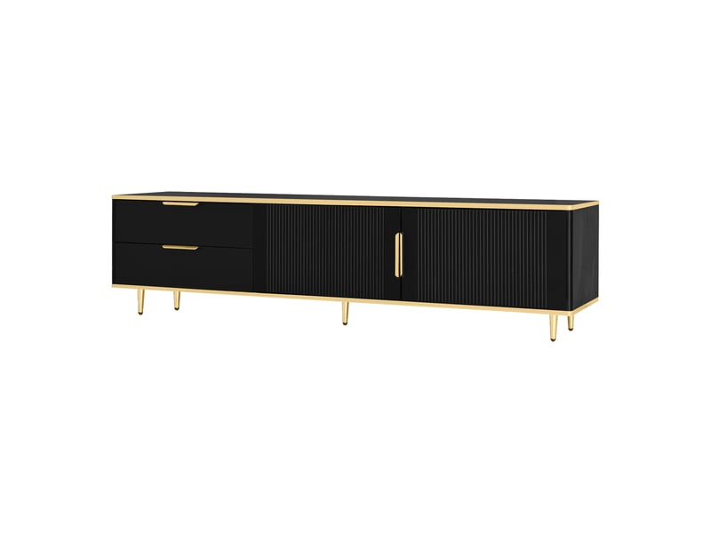  Meuble tv noir et or 170 cm avec motifs sculptés, banc tv moderne avec tiroirs et portes pour salon  - Conforama A