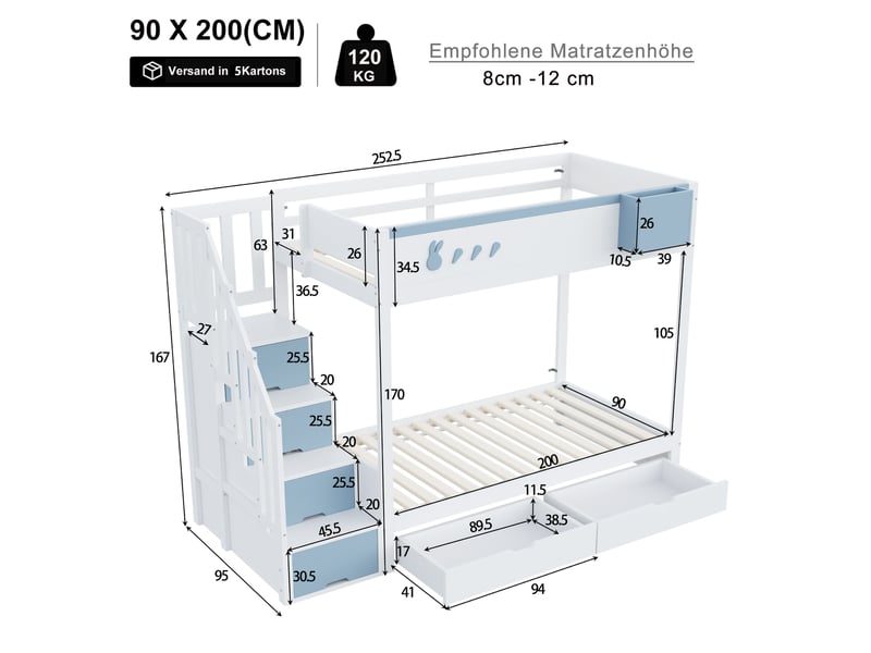  Lit superposé 90x200cm coloris bleu bois massif lit enfant bleu - Conforama C