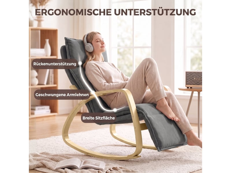  Fauteuil à bascule gris foncé avec repose-pieds réglable 5 positions, tissu aspect lin, cadre en acier et bois, 106x67x92 cm  - Conforama W