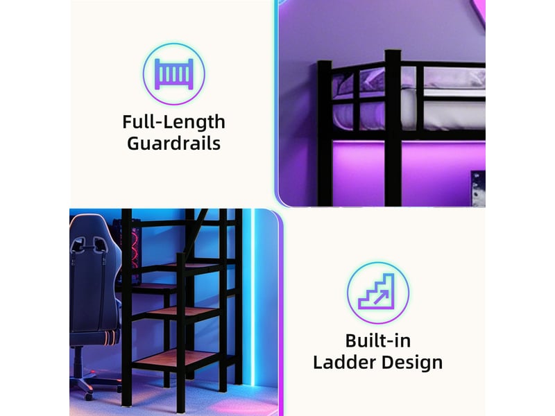  Lit mezzanine enfant métal  90x190 cm- bureau l intégré - structure robuste avec rangement étagères escalier sécurisé  - noir  - Conforama C