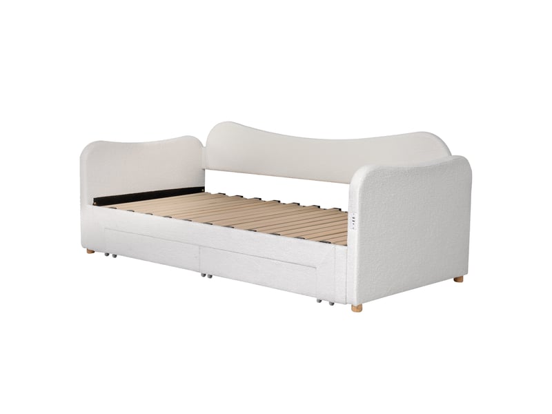  Lit banquette gigogne 90x200 cm extensible à 180 cm en bouclé beige avec 2 tiroirs et usb  - Conforama D