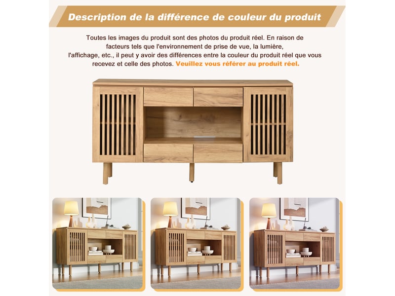  Buffet et enfilade avec 4 tiroirs et 2 portes à lamelles, pieds en bois massif, salon, naturel, 140 × 35 × 71 cm  - Conforama E