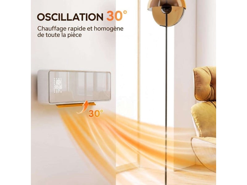 Chauffage mural intelligent avec télécommande et écran numérique, oscillation 30°, 10002000w, sécurité multiple - Conforama E