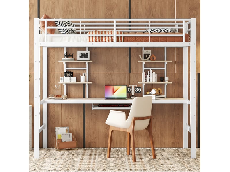 Lit mezzanine 90x200 cm en métal blanc avec bureau, 2 étagères et échelle - Conforama E