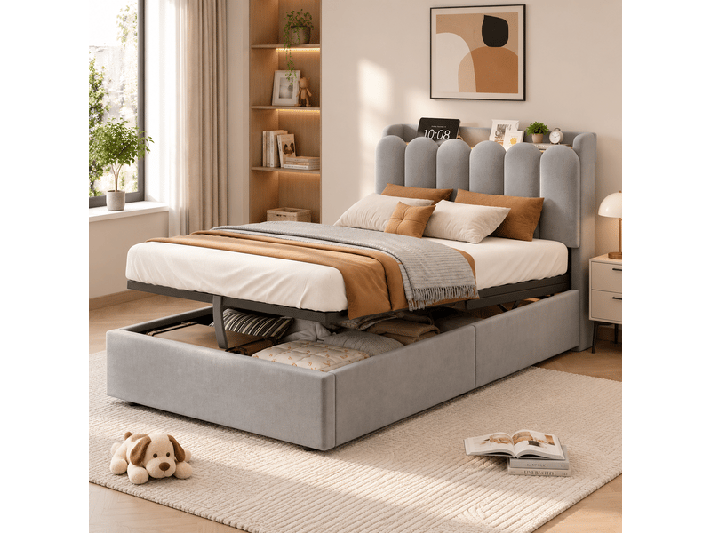  Lit coffre rembourré 90x200 cm coloris gris velours  - Conforama E