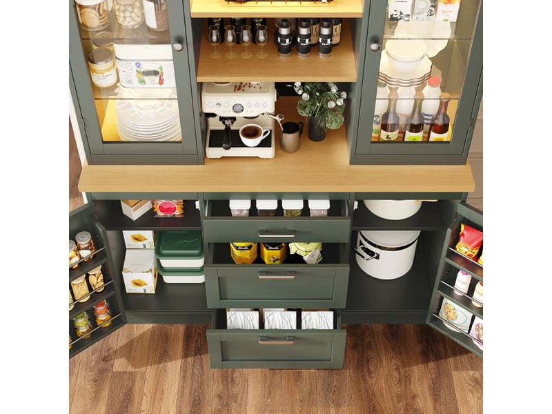  Armoire de cuisine verte 140cm avec led contrôlée par app, 3 tiroirs et plan de travail en bois  - Conforama D