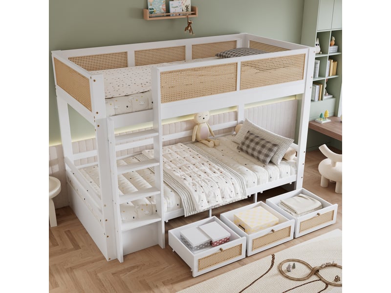  Lit superposé enfant 90 x 200 cm avec 3 tiroirs à roulettes, blanc et naturel  - Conforama D