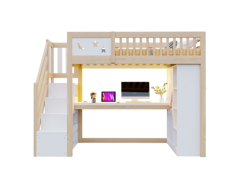 Lit mezzanine 90 x 200 cm blanc et bois, en pin et mdf, bureau led, prises et escalier de rangement - Conforama A