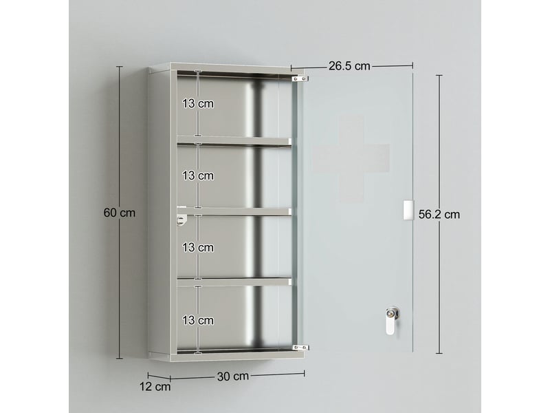  Armoire à pharmacie 3 étagères 4 niveaux 30l x 12l x 60h cm porte verre trempé symbole croix acier brossé inoxydable  - Conforama C