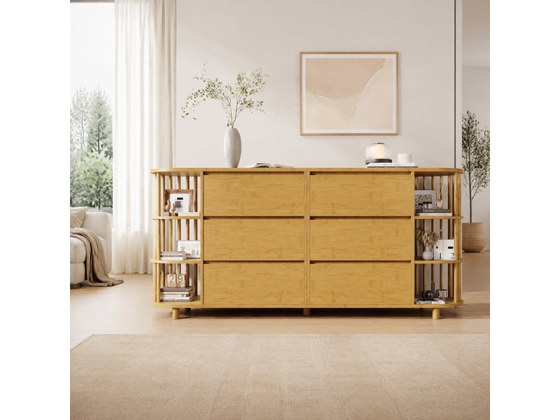 Buffet 160x40x75 cm avec 6 tiroirs et étagères ouvertes en bambou et mdf coloris chêne - Conforama D