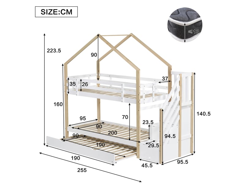 Lit superposé enfant 90x200 cm avec lit coulissant 90x190 cm, blanc et naturel - Conforama E