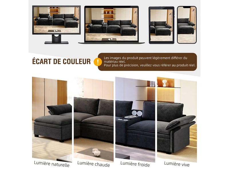  Canapé d'angle modulable en chenille 315 cm recharge sans fil et lumière avec rangement  - Conforama D