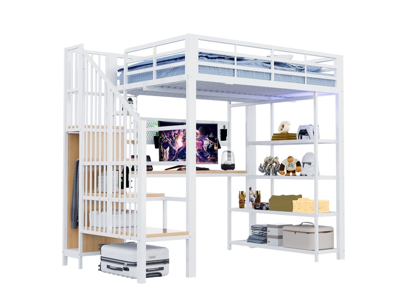  Lit mezzanine 140x200 cm, lit enfant, bureau, panneau perforé, étagères, barrière antichute, led, bois et métal blanc  - Conforama B
