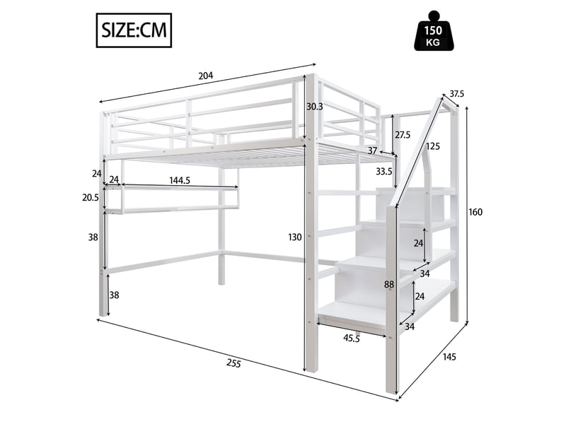 Lit mezzanine enfant 140x200 cm, échelle de rangement, étagère, sommier, métal blanc, sans matelas  - Conforama C