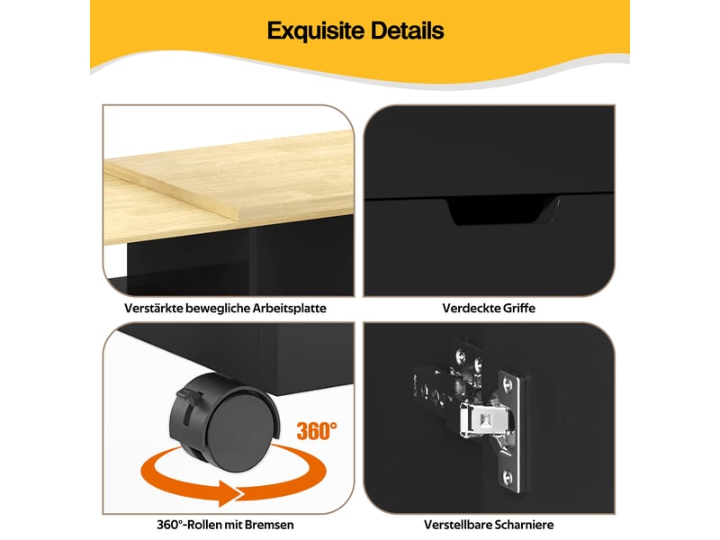  Îlot de cuisine avec table extensible 115 cm plateau pivotant noir et bois naturel  - Conforama W