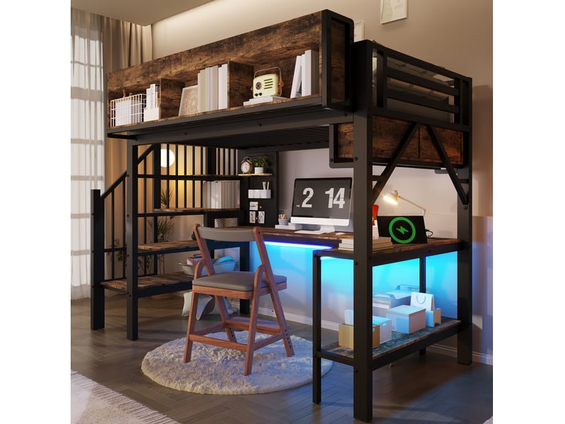  Modenvie lit mezzanine 90x200 cm - bureau d angle, rangements intégrés, led - sans matelas - bicolore  - Conforama B