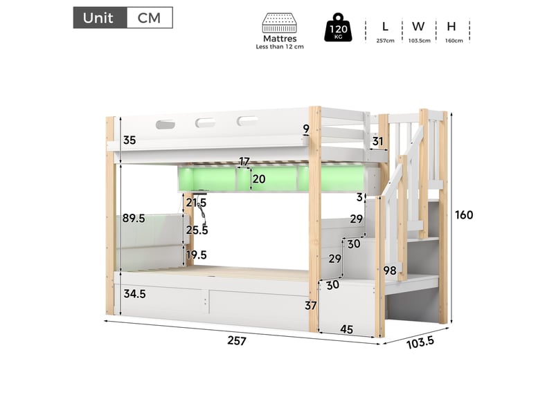 Lit superposé 2x90x200 cm, lit inférieur relevable et escalier de rangement, en bois, blanc et naturel, sans matelas - Conforama C