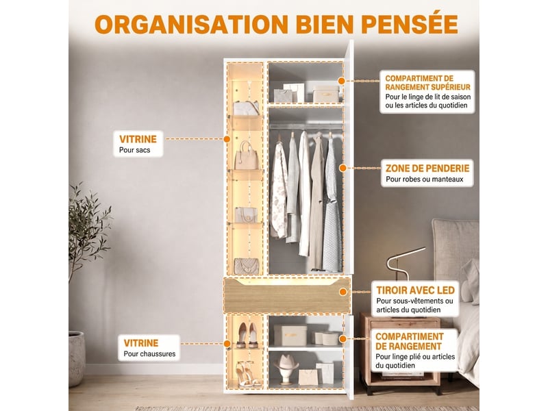  Armoire penderie blanche avec éclairage led et vitrine en verre 122x50x200 cm  - Conforama E