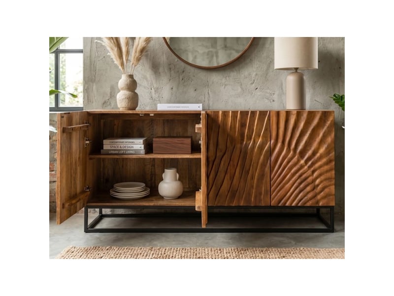 Buffet silva 177 cm en bois massif de manguier sculpté – 4 portes et piètement métal noir - Conforama D