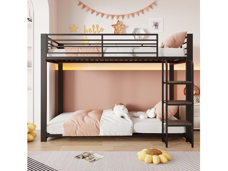  Lit superposé 90 x 200 cm en métal avec marches-étagères en mdf, noir  - Conforama B