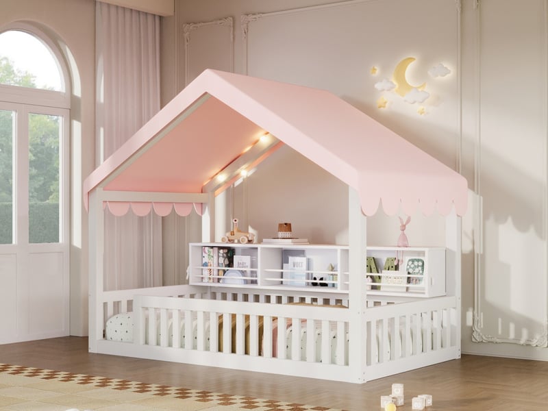  Lit cabane 90x200 cm en bois avec ciel de lit, guirlande led, bibliothèque et barrières de sécurité, blanc  - Conforama B