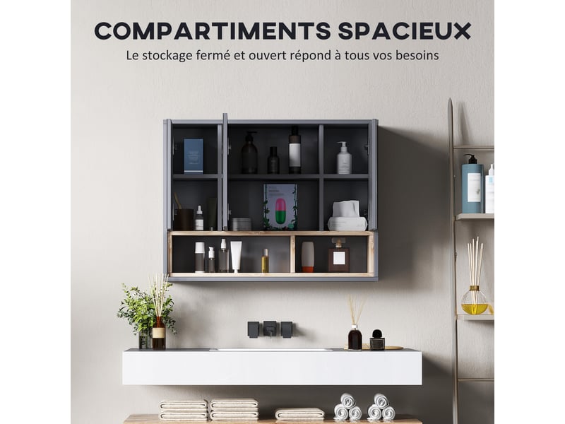  Armoire de toilette murale 3 portes miroir en mdf gris 80x20x60 cm  - Conforama D