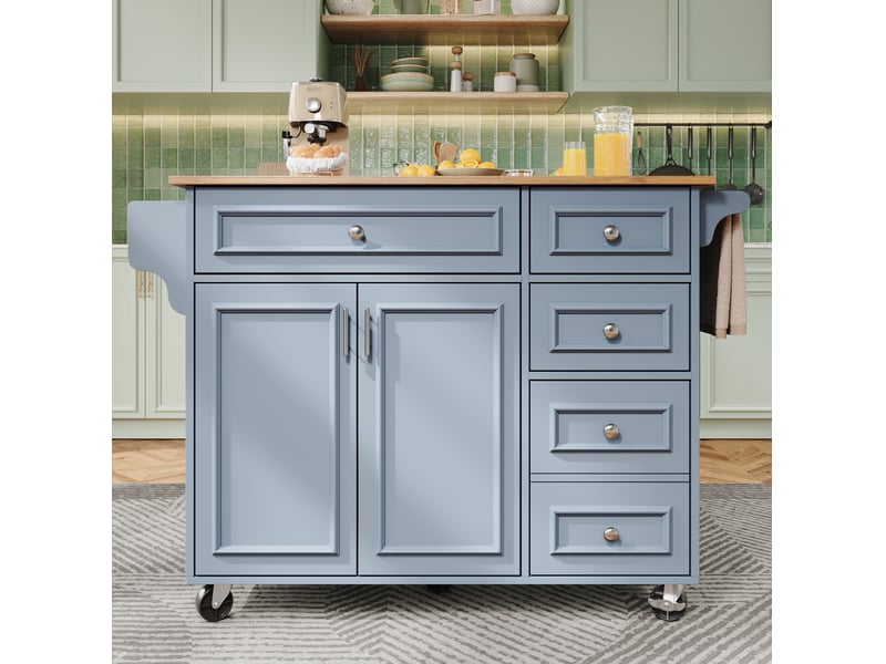  Îlot de cuisine multifonction 110x45-75x92 cm, table rabattable et rangements modulables, pour cuisine, en mdf, bleu  - Conforama B