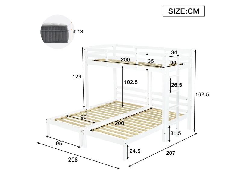 Lit superposé triple 90x200 cm pour 3 personnes, échelle latérale réversible, bois blanc, sans matelas - Conforama C