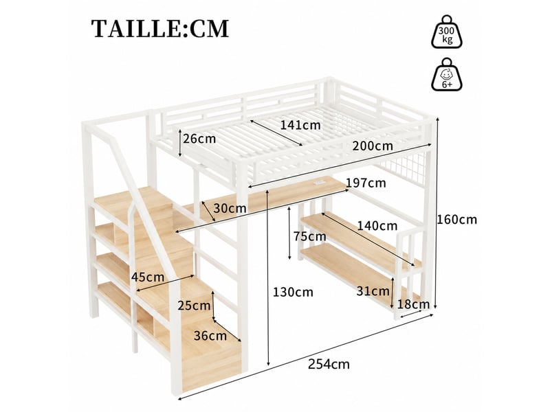  Lit mezzanine, lit simple avec bureau, prise, usb, étagères et rangements ouverts, 90x200 cm, sans matelas, blanc  - Conforama D