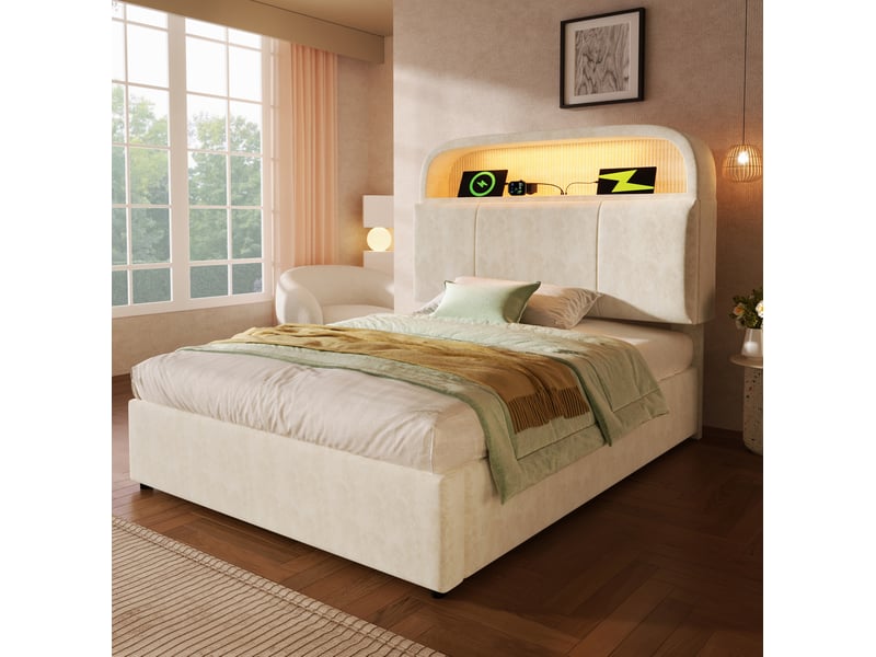  Modenvie lit coffre 90x200 cm - tête de lit réglable avec led et ports usb-c, avec matelas - beige  - Conforama B