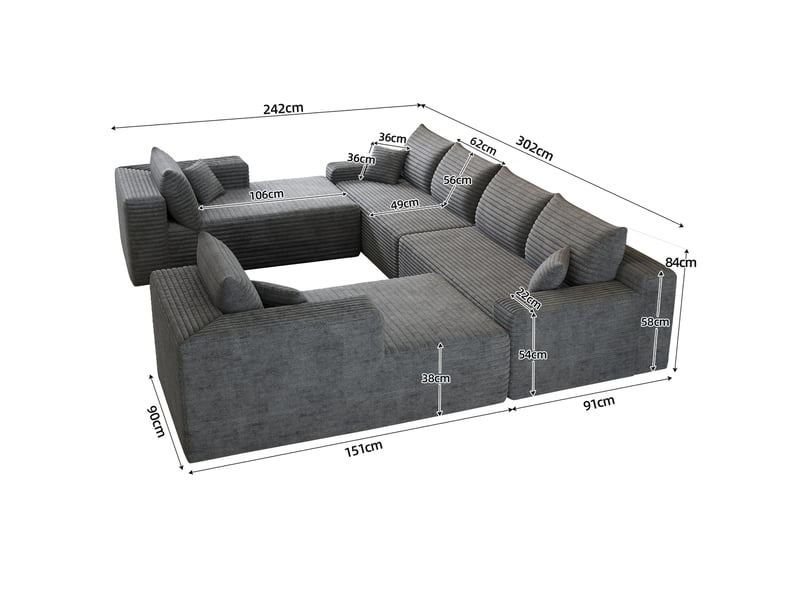  Canapé modulable convertible 2 places 302 x 242 x 83 cm, canapé-lit sans structure, rembourrage mousse, design minimaliste, velours côtelé, gris Bliss Lite - Conforama C
